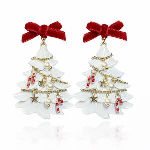 Festive Christmas Tree Earrings with Red Bows